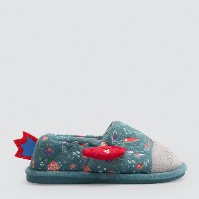 Pantofole per bambini a forma di razzo 3D con dettagli spaziali