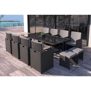 Table et chaises 12 places en résine tressée noir et gris LOUISIANE