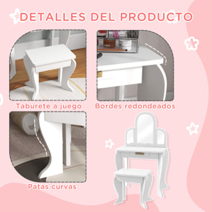 Tocador Infantil con Taburete y Espejo, Tocador para Niñas con Cajón, Mesa de Maquillaje para Niños y Niñas de 3-6 Años, Blanco