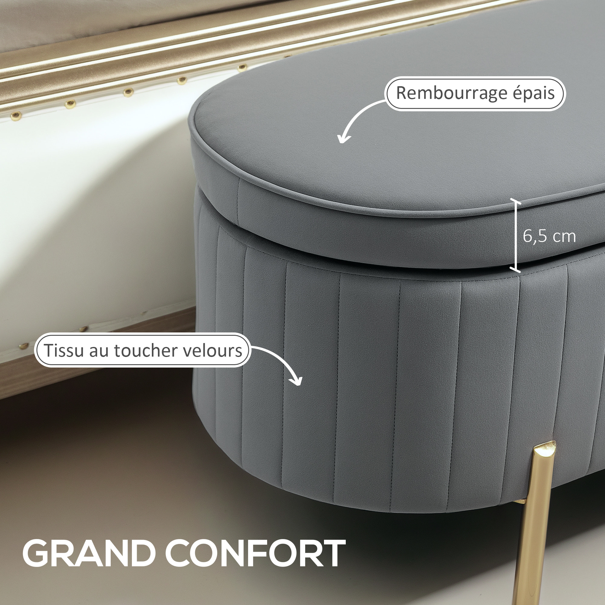 Banquette coffre 2 en 1 design ovale dim. 108x44x43cm velours gris