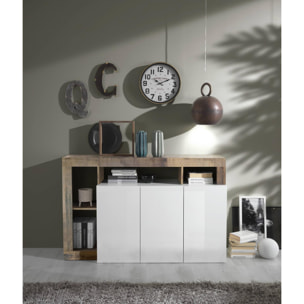 Credenza moderna a 3 ante a vani aperti, Made in Italy, Madia da cucina, Buffet di design da soggiorno, cm 146x42h93, colore Bianco lucido e Pero