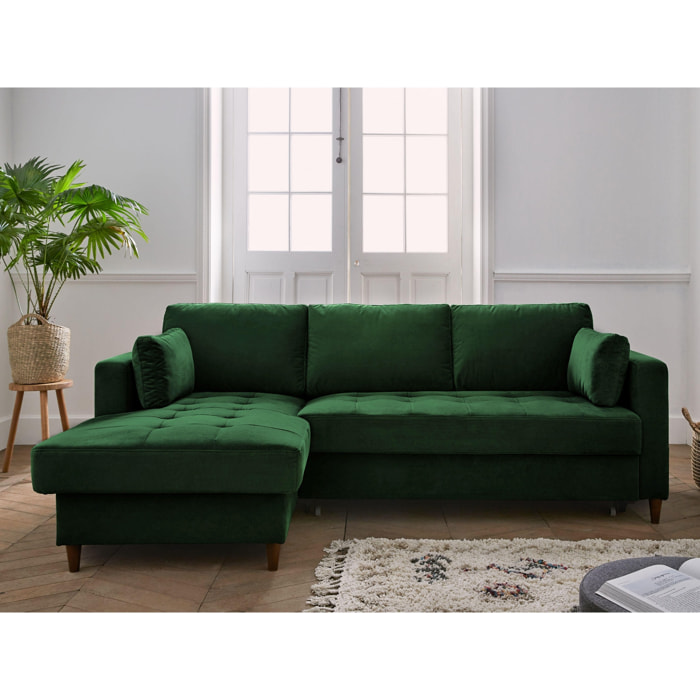 Anna - canapé d'angle gauche - 4 places - convertible avec coffre - en velours - Vert
