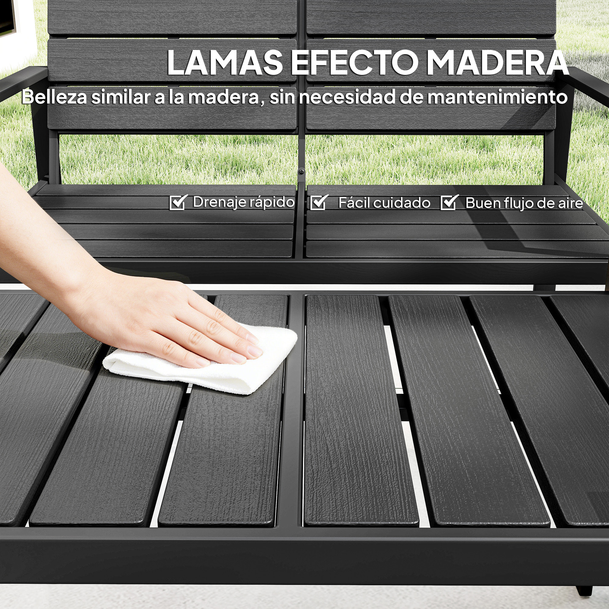 Conjunto de Muebles de Jardín para 4 Personas, Sofá de Jardín de 4 Piezas con Sofá de 2 Plazas, 2 Sillones, Mesa de Centro, Estructura Metálica, Negro