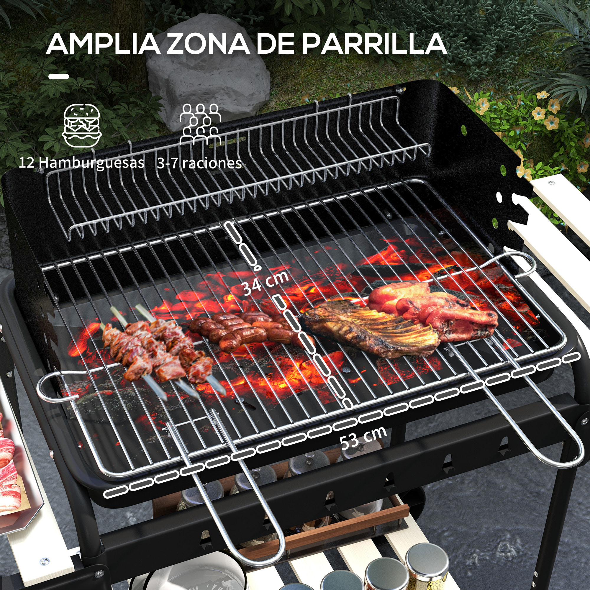 Barbacoa de Carbón con Ruedas Barbacoa Portátil 103x47x95 cm con Parrilla Ajustable en Altura de 5 Niveles Estantes y 6 Ganchos para Pícnic Camping Negro