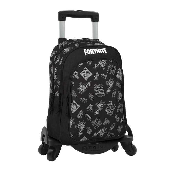 DAM Fortnite Dark Black mochila primaria doble compartimento + carro con protección lateral y stoper frontal, 4 ruedas multidireccionales. 31x18x42 Cm. Color: Negro