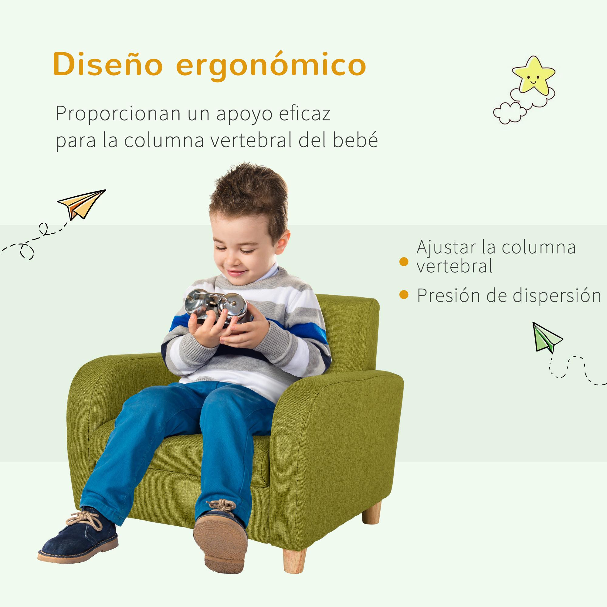 Sillón Infantil Mini Sofá para Niños de +3 Años con Asiento Acolchado Reposabrazos y Estructura de Madera Carga Máx. de 65 kg 49x45x44 cm Verde