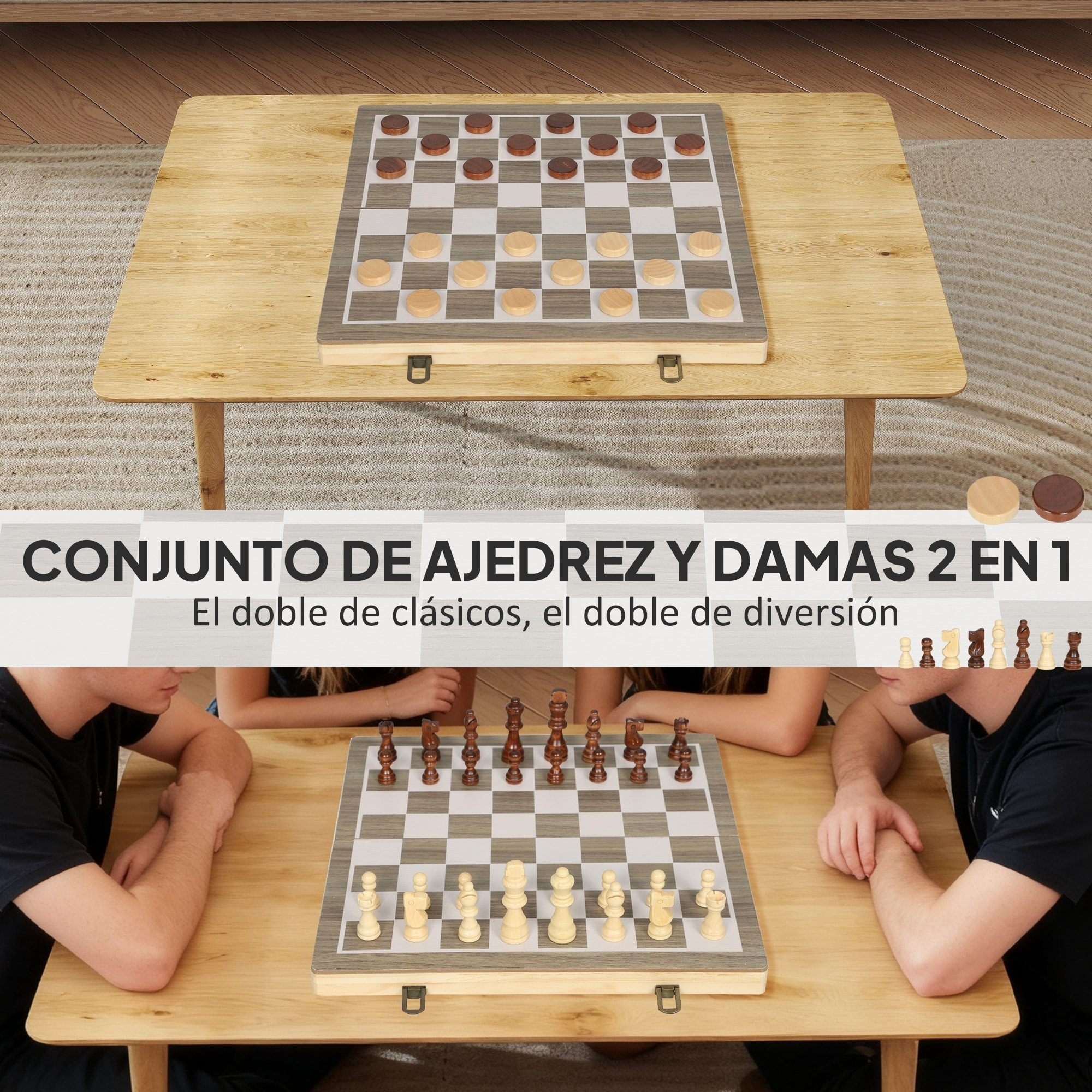 Juego de Ajedrez Internacional y Damas de Madera, 2 en 1, Juego de Tablero de Ajedrez Plegable, con Piezas de Pino y Ranuras de Almacenamiento, para Niños y Adultos