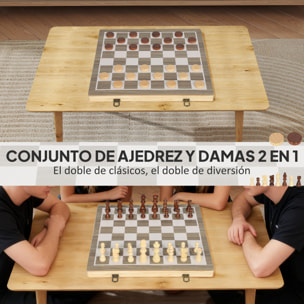 Juego de Ajedrez Internacional y Damas de Madera, 2 en 1, Juego de Tablero de Ajedrez Plegable, con Piezas de Pino y Ranuras de Almacenamiento, para Niños y Adultos