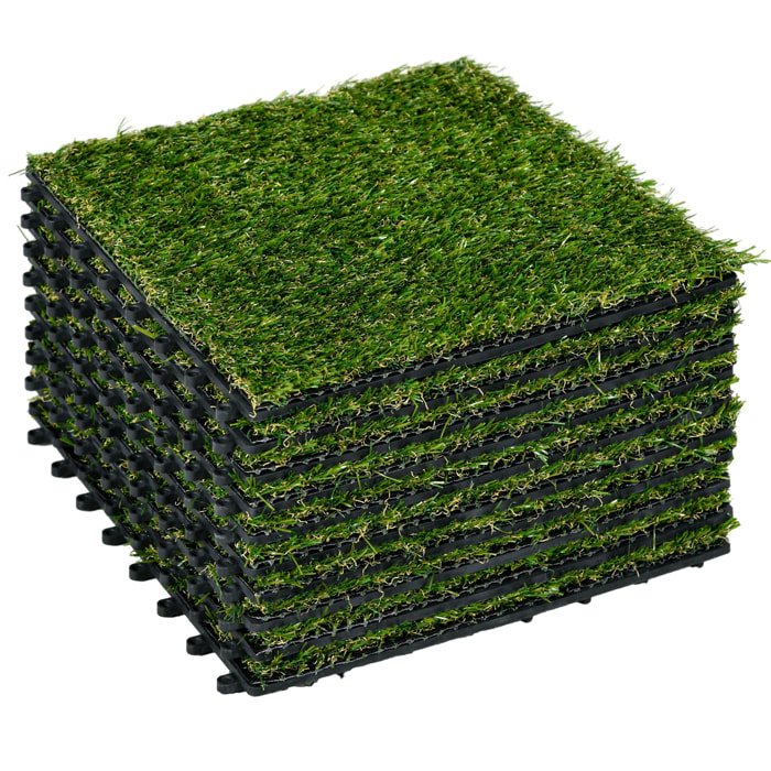 Césped Artificial de 10 Piezas Alfombra Césped Artificial 30x30 cm con Altura de Hierba 20 mm Anti-UV Césped Sintético para Jardín Patio Balcón Verde Oscuro