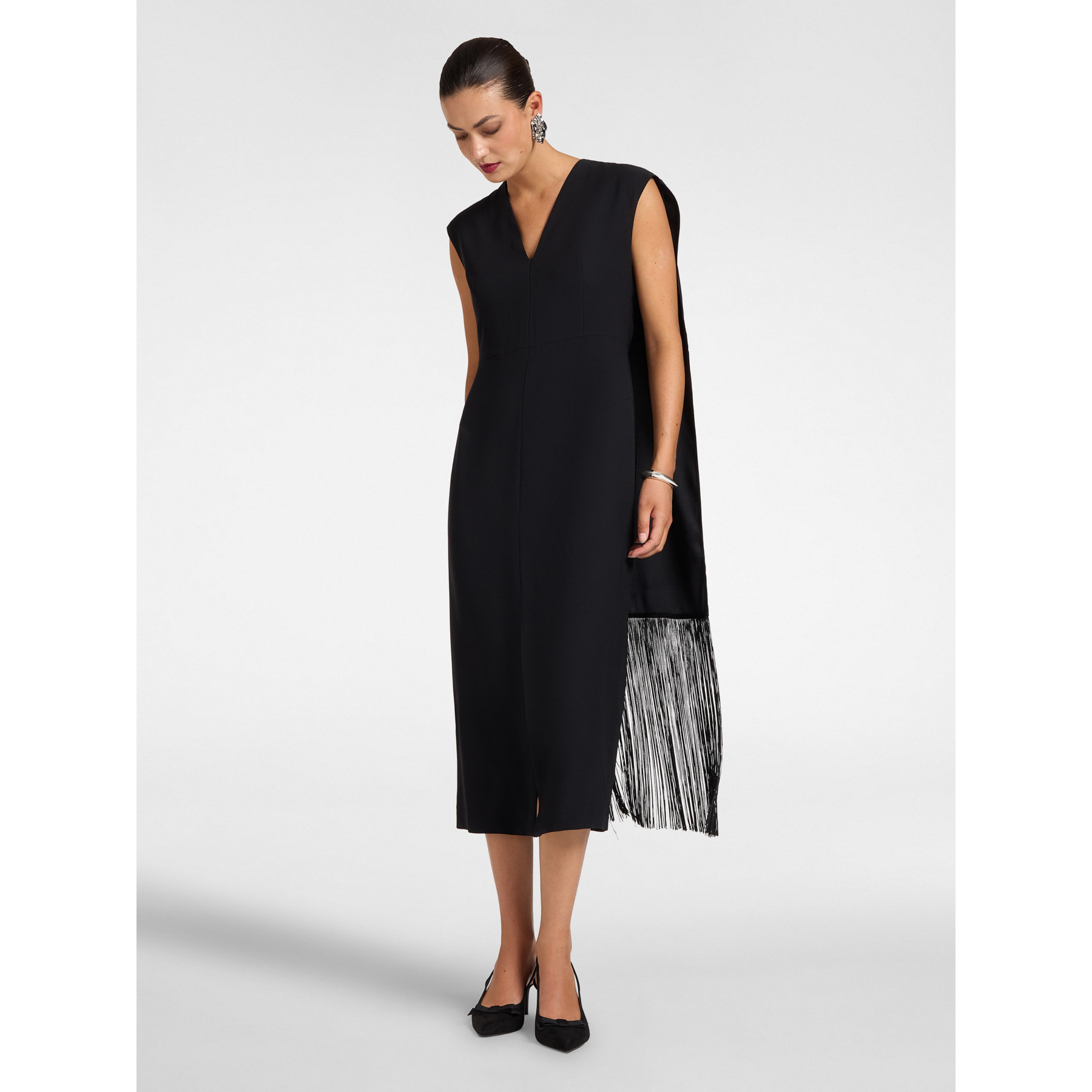 Elena Mirò - Abito lungo in enver satin con frange - Nero