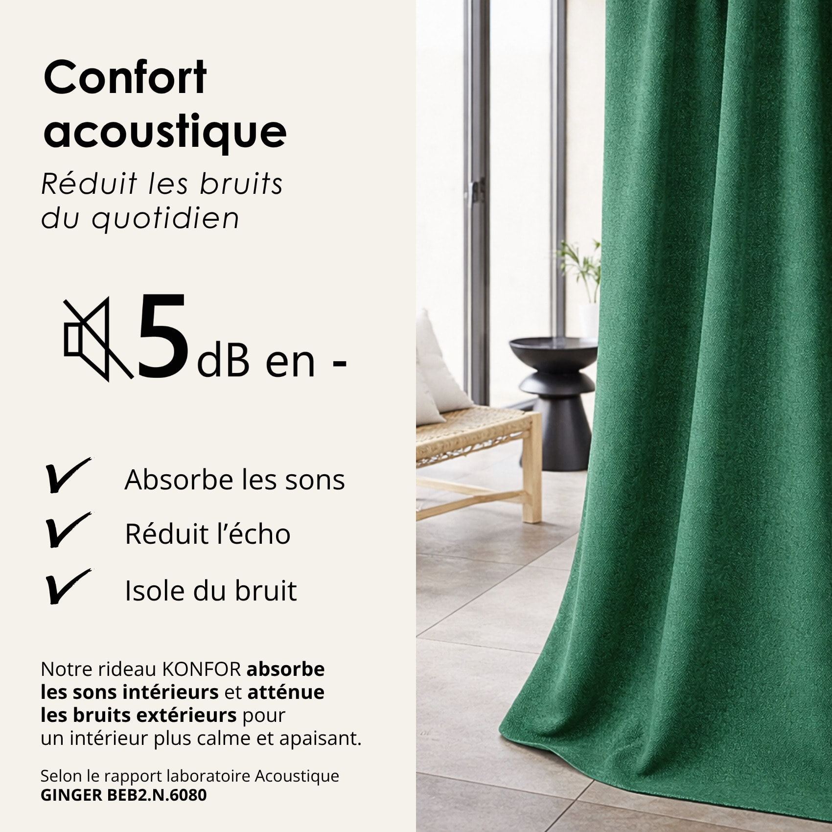 Rideau thermique phonique et semi occultant KONFOR - Vert