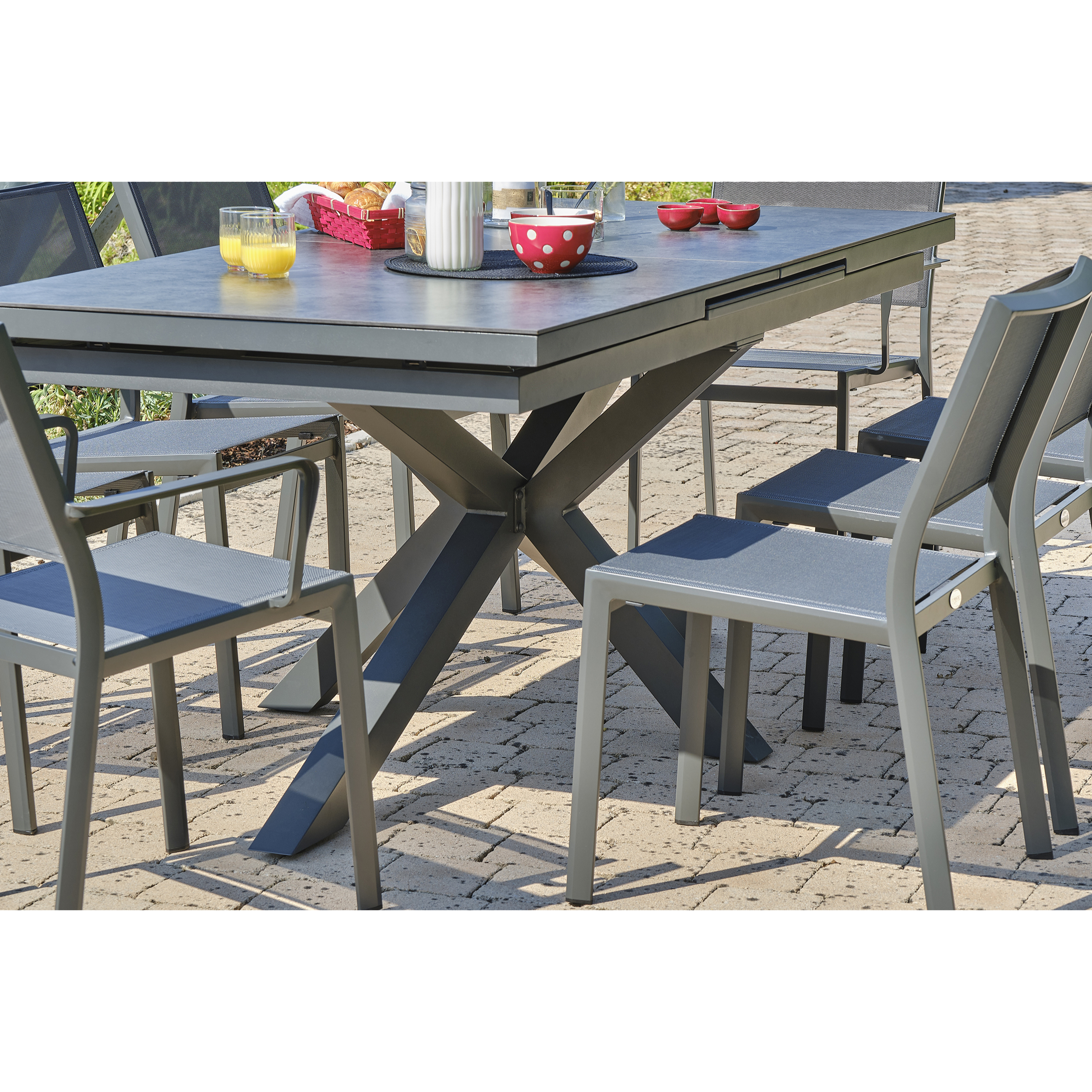 CAICOS - Ensemble repas de jardin 8 places en aluminium avec HPL effet marbre