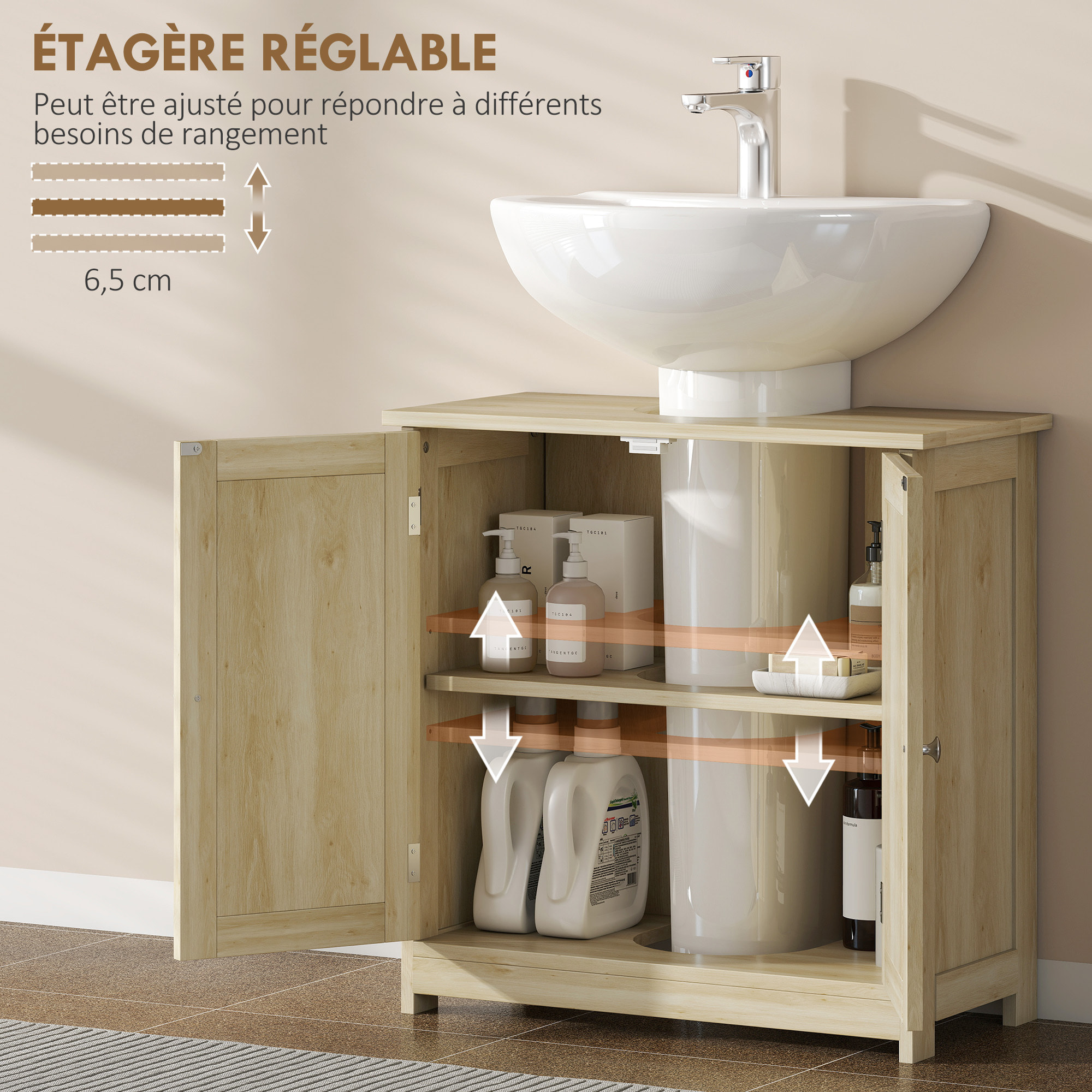Meuble vasque - meuble sous-vasque - 2 portes rainurées avec étagère réglable - poignées métal chromé - dim. 60L x 30l x 60H cm - naturel