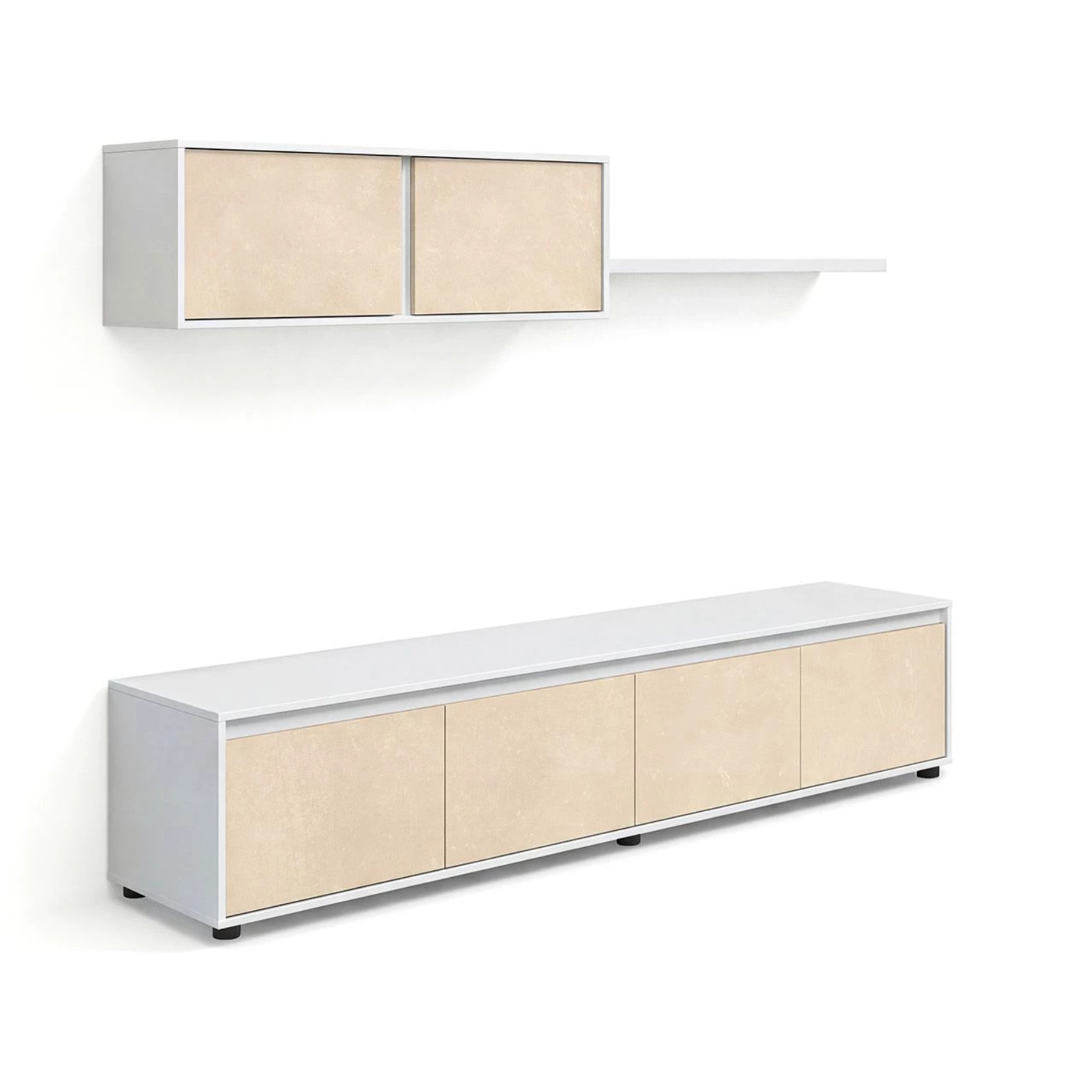 Salón con mueble de TV y estantería en blanco artik y efecto microcemento beige 200 cm Arlet Blanco Artik (Blanco Mate) - Microcemento Beige