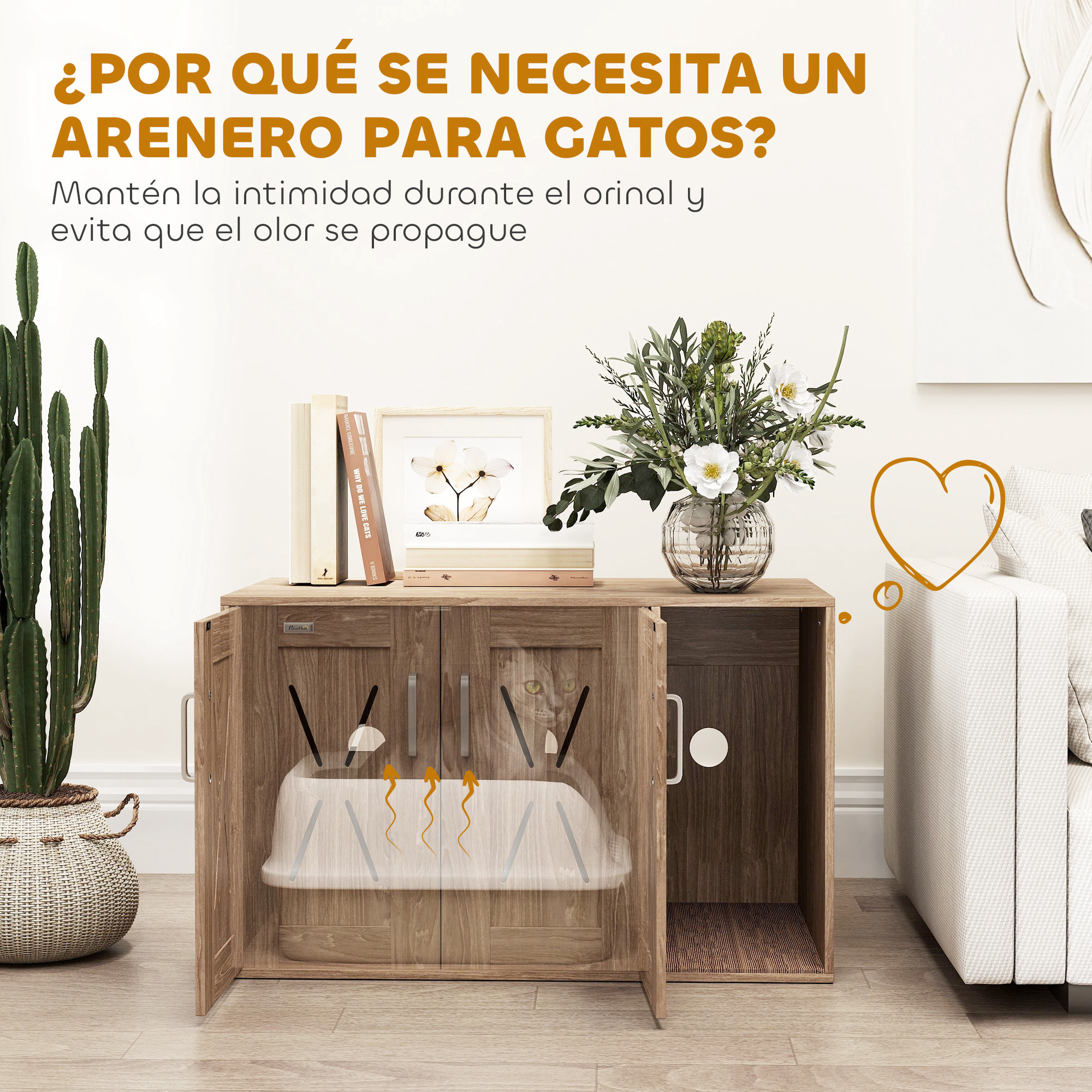 Mueble Arenero para Gatos 3 en 1 Nido Mesa Auxiliar Caja de Arena para Gatos con Puertas Estera para Rascar y Compartimento para Salón Dormitorio 80x48x50,5 cm Marrón
