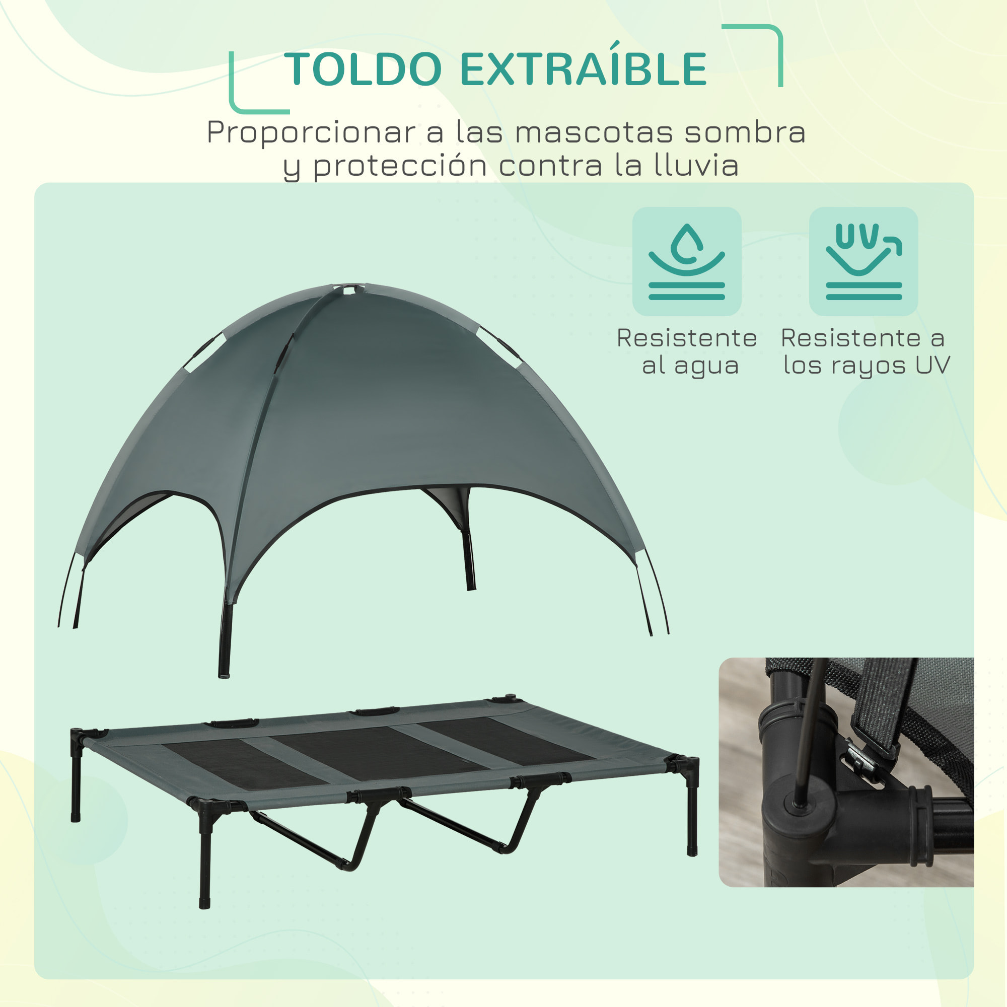 Cama Elevada para Mascotas Portátil con Toldo Extraíble Tela Transpirable al Aire Libre para Interior y Exterior 122x92x108 cm Gris