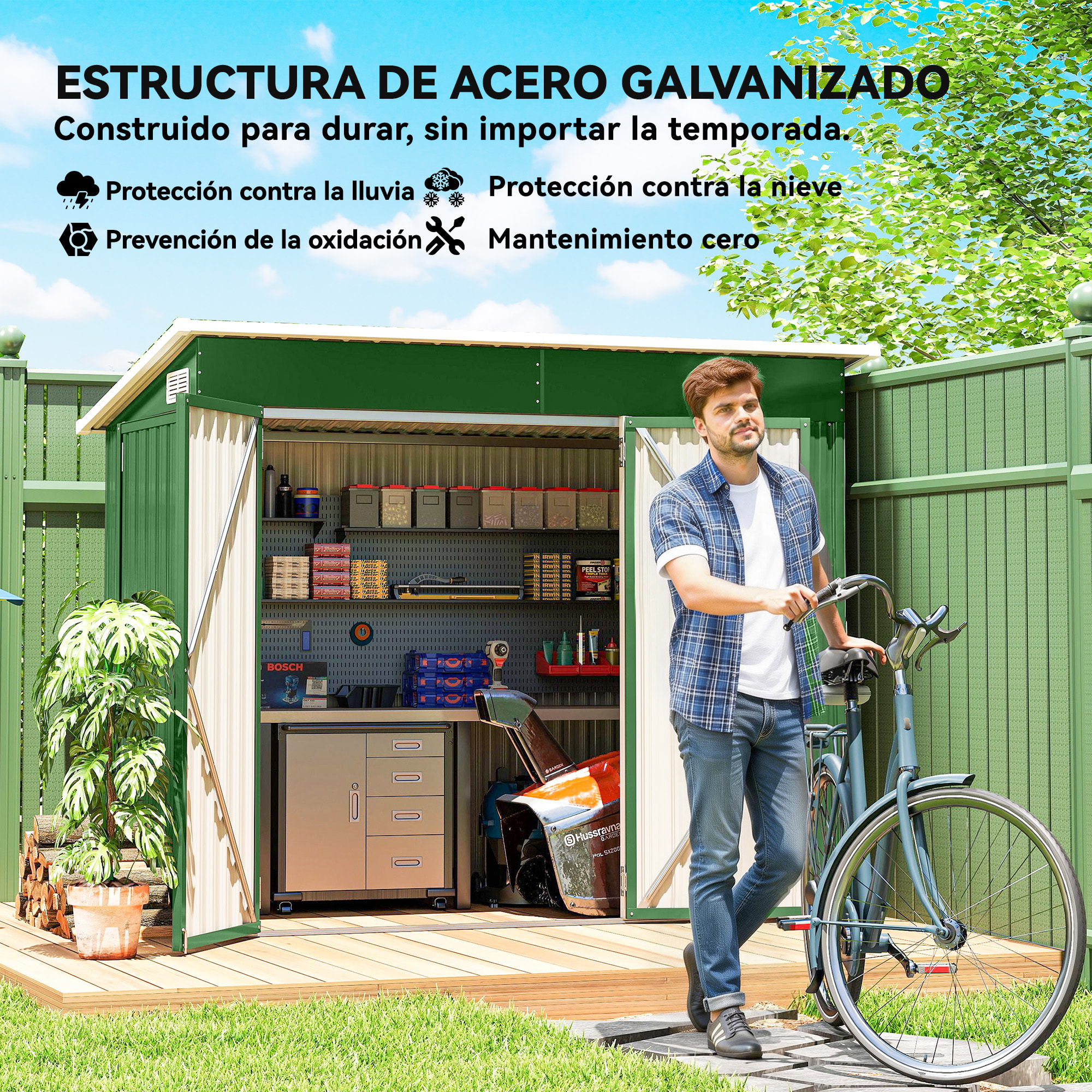 Caseta de Jardín Exterior 2,7 m², 234x132x185 cm, Cobertizo de Jardín Exterior Metálico con Triple Puerta, Cerradura, Techo Inclinado y Ventilación para Almacenamiento de Herramientas, Verde