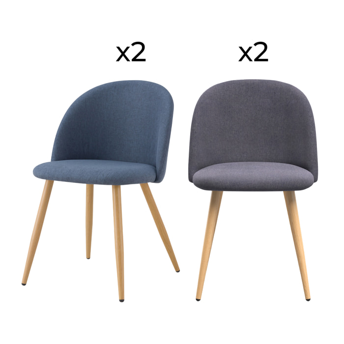 Pack 4 chaises Cosy en tissu bleu et gris