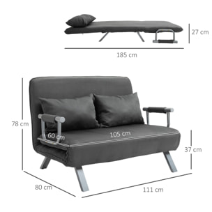 Sofá Cama de 2 Plaza 2 en 1, Sillón Cama Plegable Tapizado en Ante Sintético, con Respaldo Ajustable en 5 Niveles y 2 Almohadas Acolchadas, para Oficina, Dormitorio, Salón, 111x80x78 cm, Gris