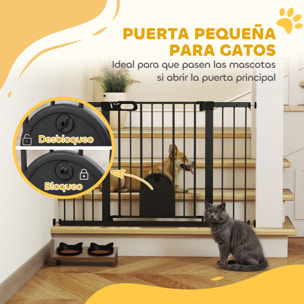 Barrera de Seguridad para Perros Extensible 75-131 cm, para Puertas y Escaleras, Barrera para Perros con Puerta Pequeña, 3 Extensiones, Montaje a Presión y Doble Bloqueo, Negro