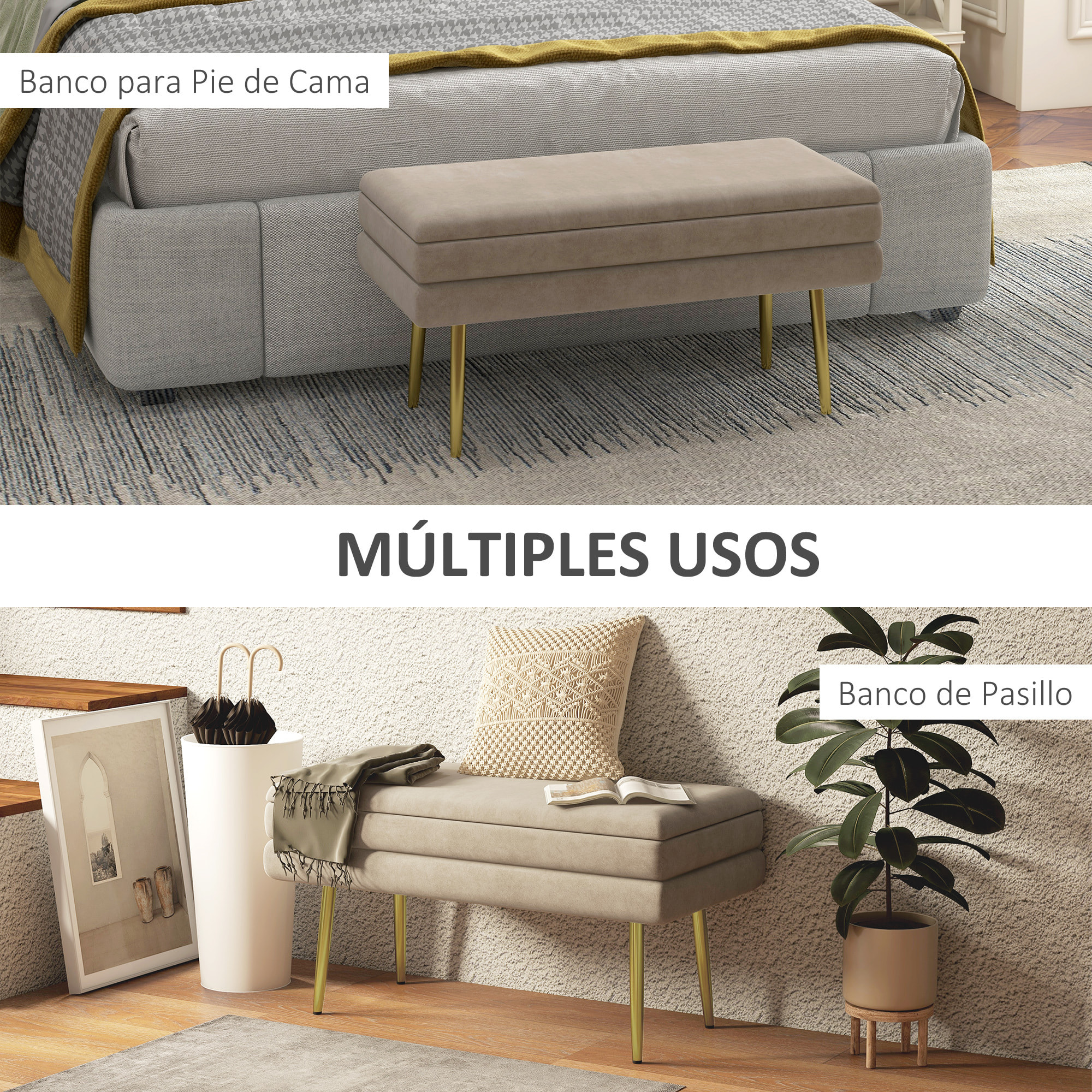 Puff Almacenaje 30L, Banco Almacenaje con Tapa Abatible y Patas de Acero, Tapizado en Terciopelo, Pie de Cama, para Dormitorio, Salón, Entrada, Carga 120 kg, 79,5x37,5x43 cm, Beige