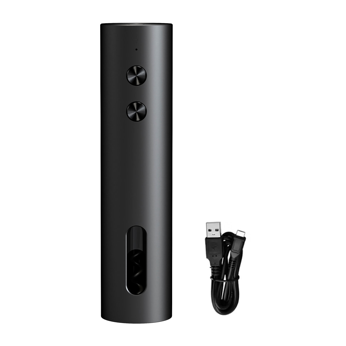Apribottiglie elettrico EC-A con design elegante in nero opaco, ricarica rapida e finestra trasparente.