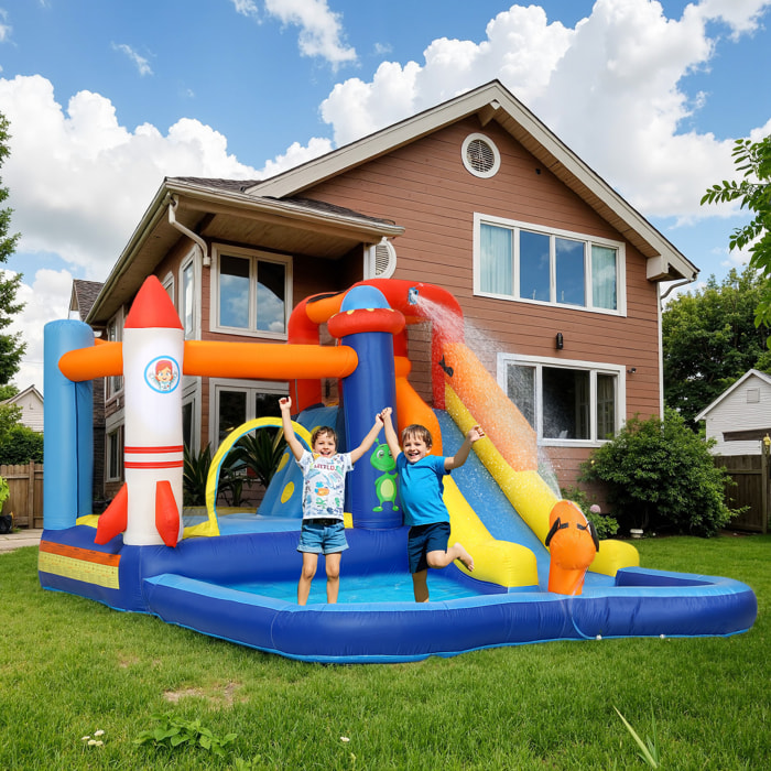 Castillo Hinchable con Soplador 5 en 1 Parque Acuático Hinchable para Niños con Tobogán Piscina de Chapoteo Escalada y Cañón de Agua para Exterior Interior 360x250x195 cm