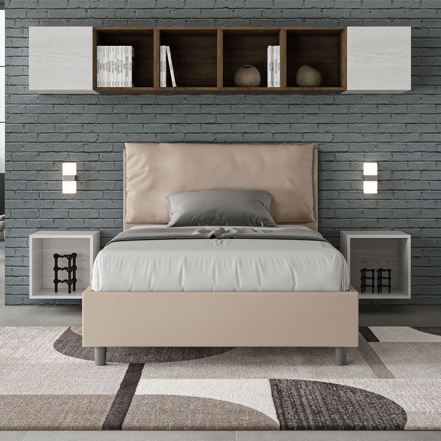 Letto una piazza e mezza con rete imbottito 120x190 similpelle tortora Antea Large