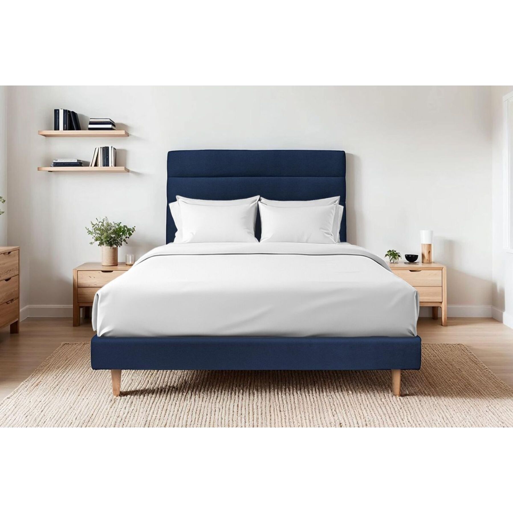 Lit avec tête de lit bandes horizontales velours et sommier kit Ep14