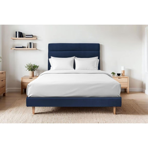 Lit avec tête de lit bandes horizontales velours et sommier kit Ep14