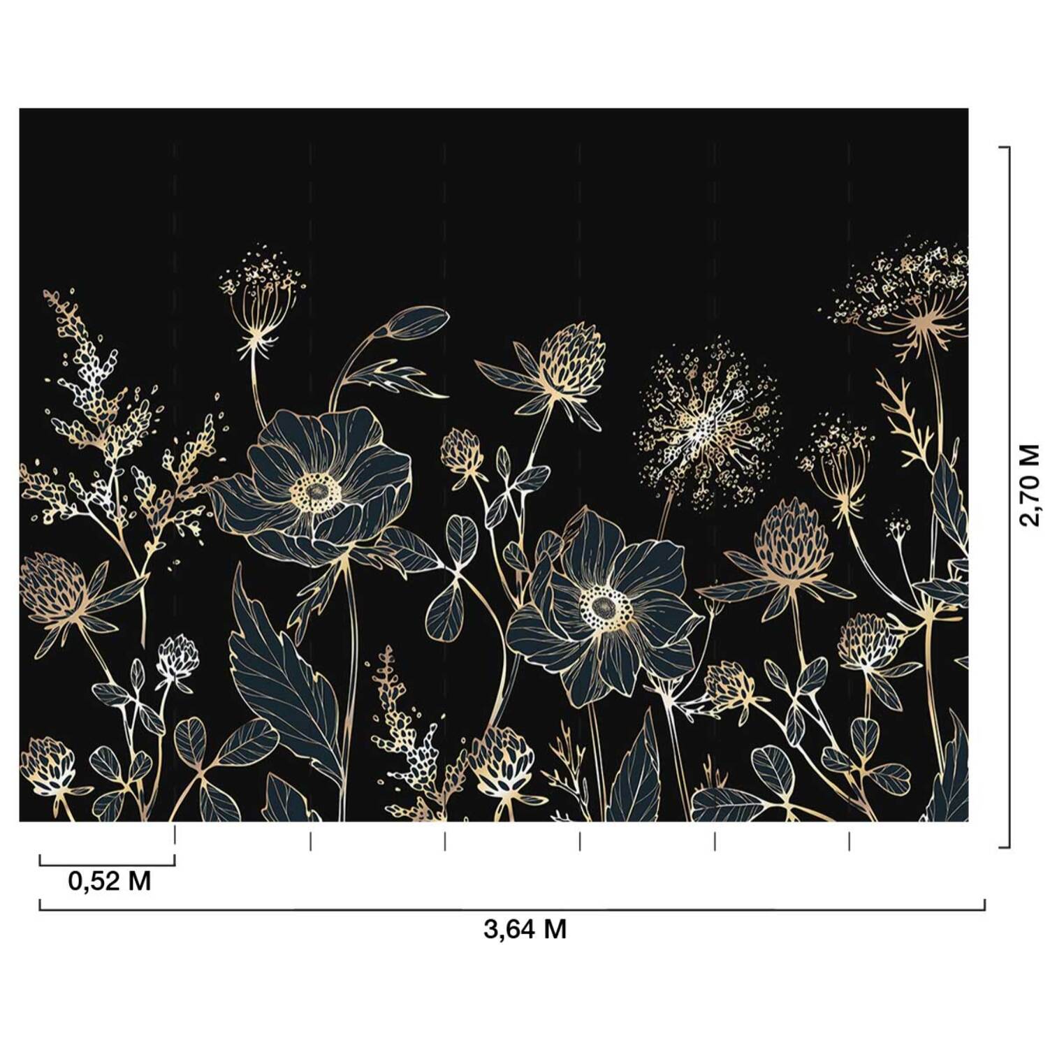 Papier peint fleurs sauvages dorées fond bleu nuit élégant Intissé