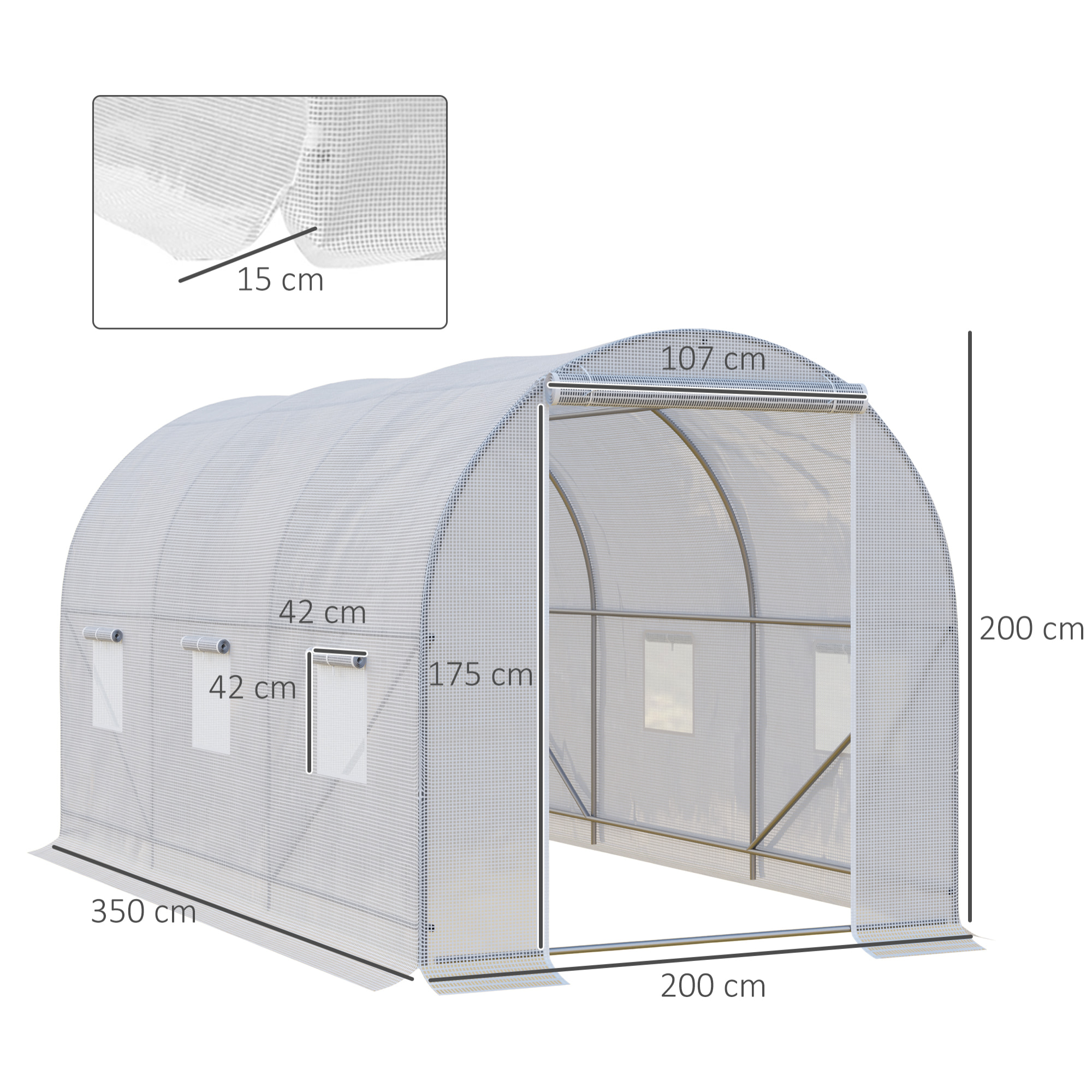 Invernadero de Exterior 3,5x2x2 m Invernadero de Túnel con 6 Ventanas de Malla y Puerta Enrollable con Cremallera Invernadero de Huerto Anti-UV para Patio Jardín Blanco