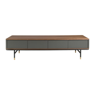 Mueble TV de madera de MDF en gris oscuro mate y patas de acero inoxidable en negro tapa de madera chapada en nogal 200x45x50cm