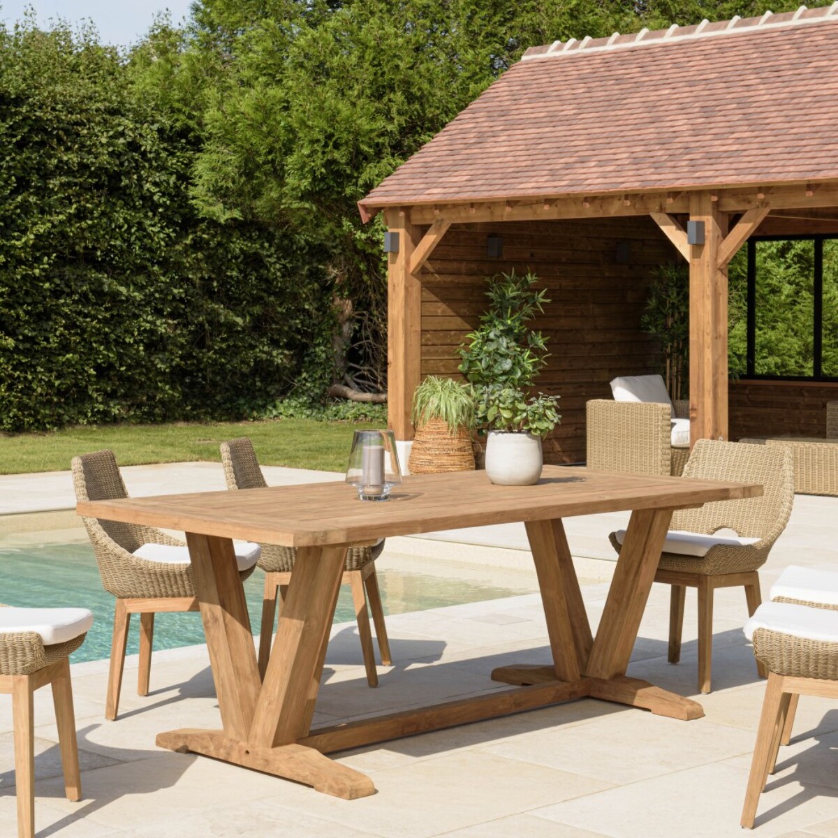 KALLY - Ensemble de jardin (table et chaises) en bois teck recyclé et rotin synth. 6 pers