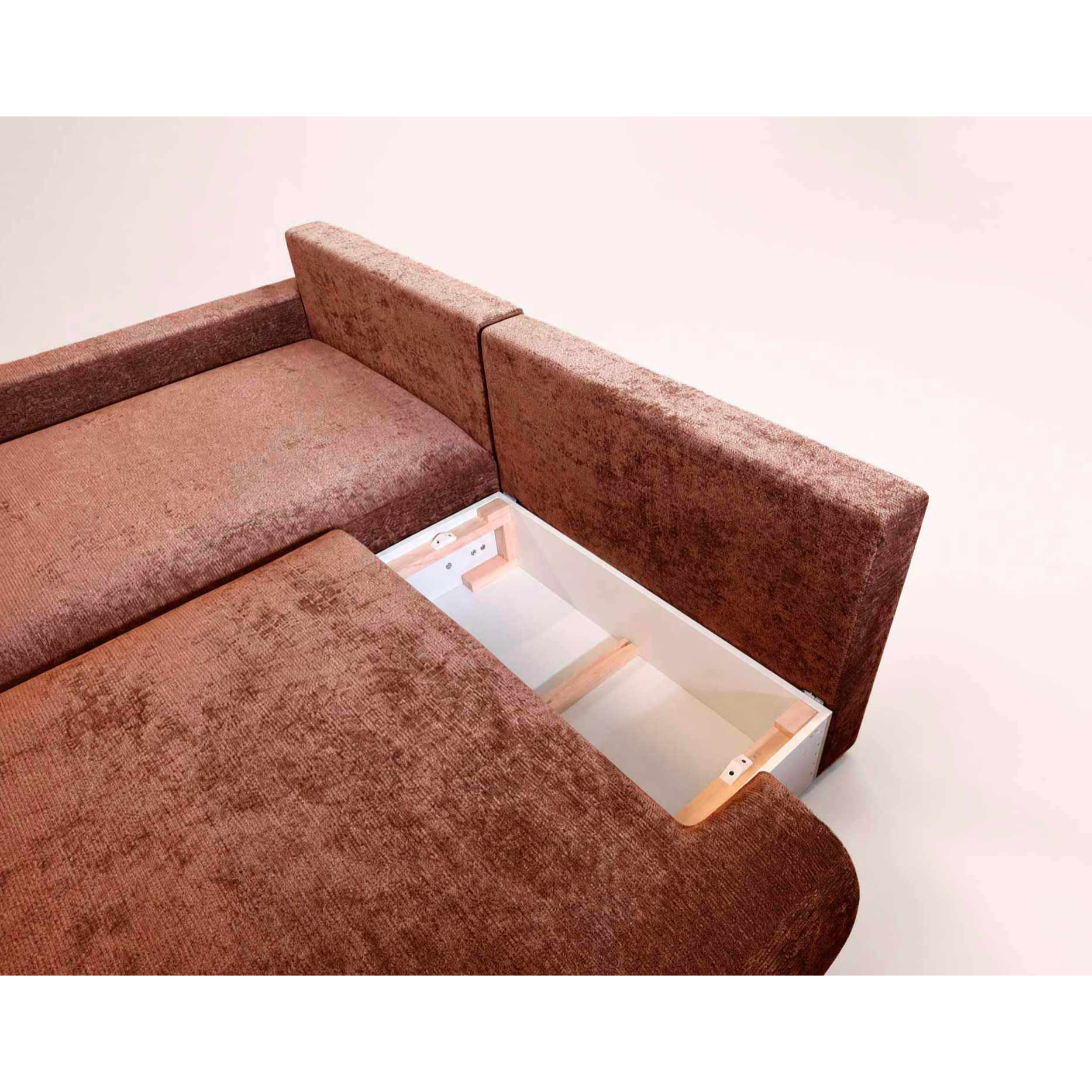 Pivoine - Canapé d'angle ouvert gauche 4 places convertible avec coffre en tissu texturé - Terracotta
