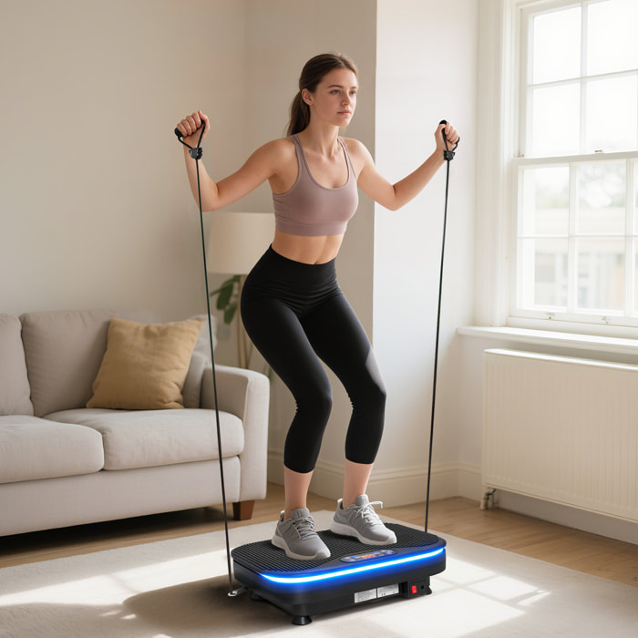 Plataforma Vibratoria, 99 Velocidades, 3 Programas, Plataforma Vibración Muscular con Altavoz Bluetooth, Pantalla LED, Luces, Mando a Distancia, Bandas Elásticas, para Hacer Ejercicio en Casa