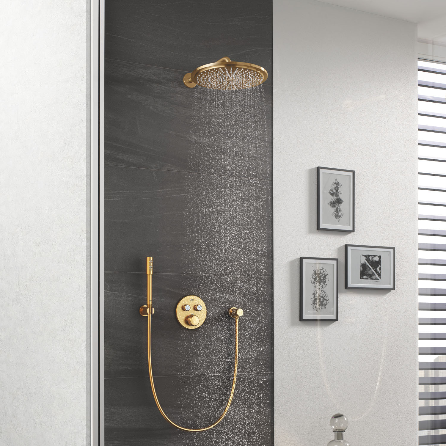 Ensemble douche de tête et bras 380 mm, 1 jet - Cool Sunrise brossé