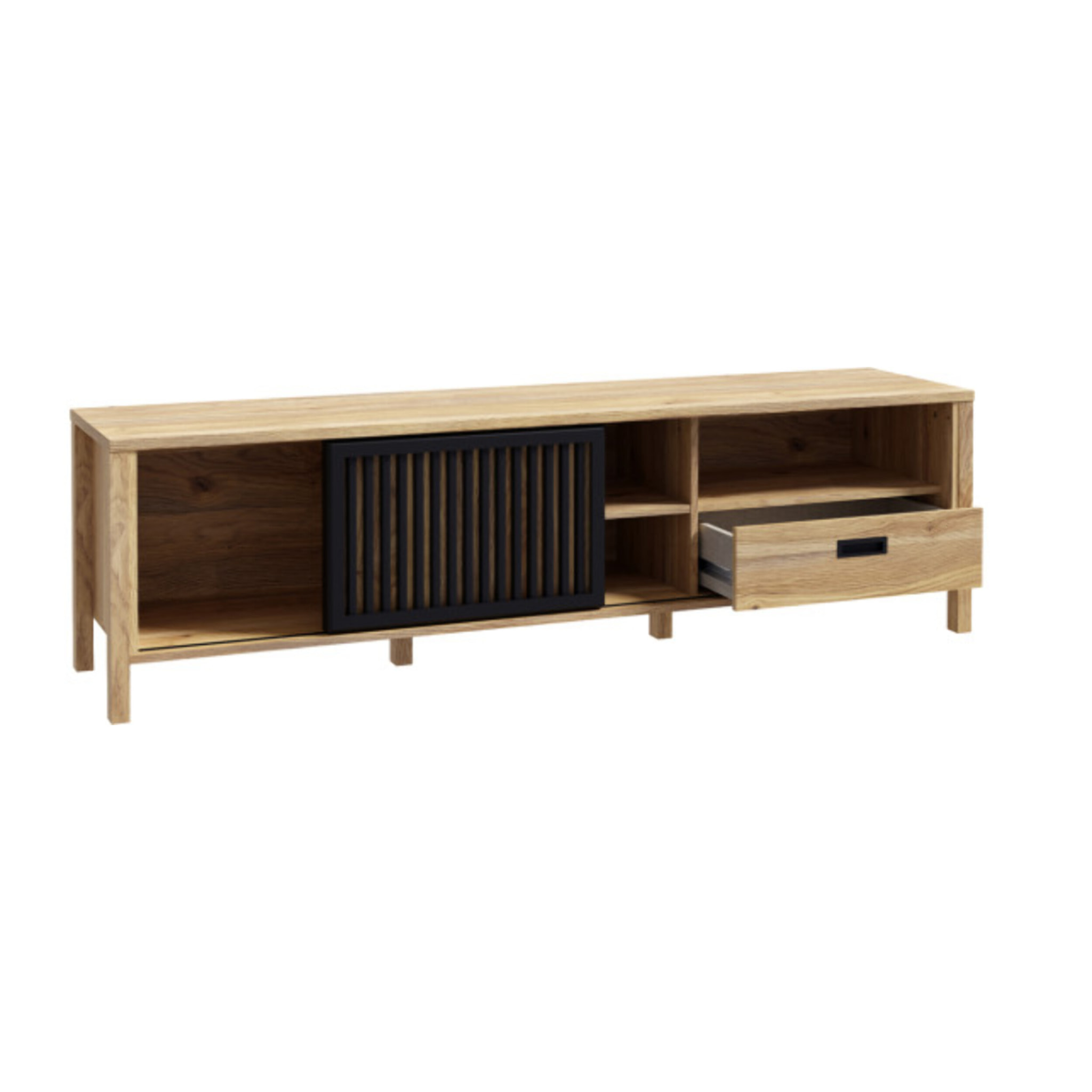 Meuble TV L175 cm 4 niches 1 tiroir décor bois chêne et noir - BOSTON
