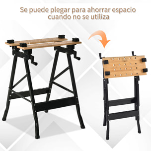 HOMCOM Banco de Trabajo Plegable Portátil con Tableros Ajustables en Ángulo y Distancia Bambú y Acero Carga Máx. 150 kg 63,5x60,5x78 cm Madera Natural y Negro