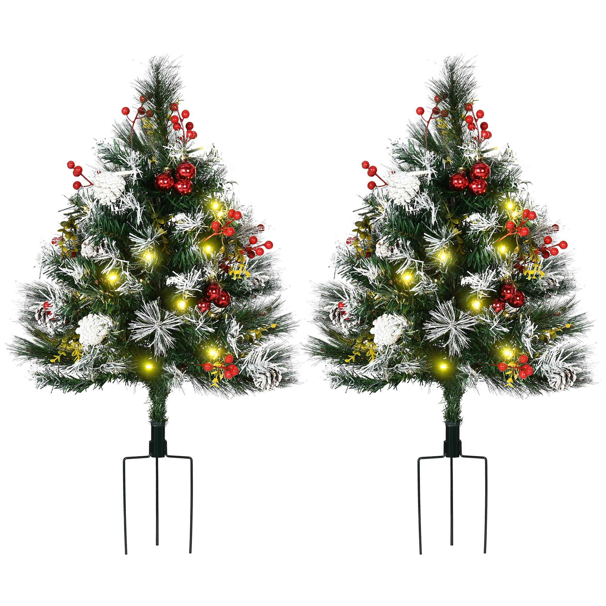 Sapins de Noël artificiel H. 75 cm aspect enneigé - lot de 2 sapins LED - 8 modes d'éclairage - 70 branches - décoration incluse - usage extérieur