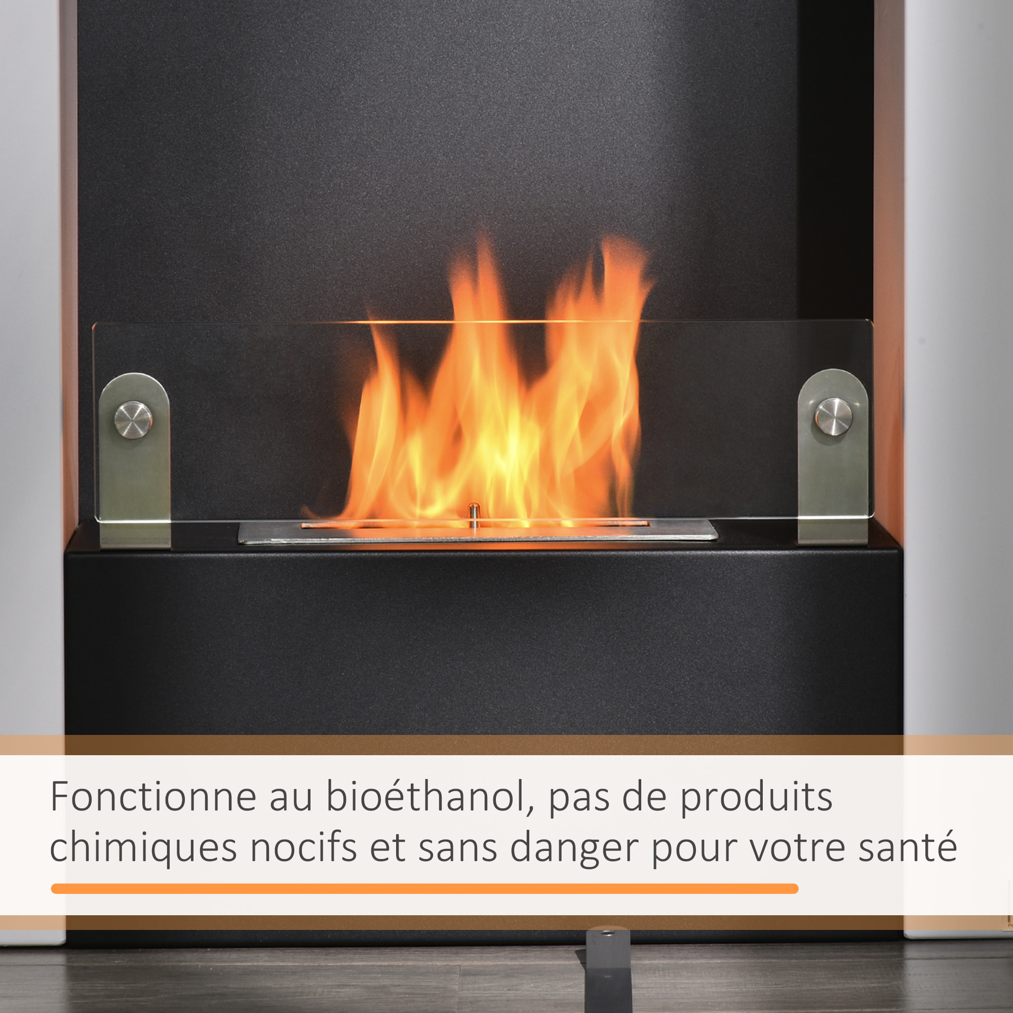 Cheminée bioéthanol design contemporain - étagère, pare-feu verre trempé 6 mm - brûleur 1,5 L - contrôle de flamme et manche inclus - acier noir blanc