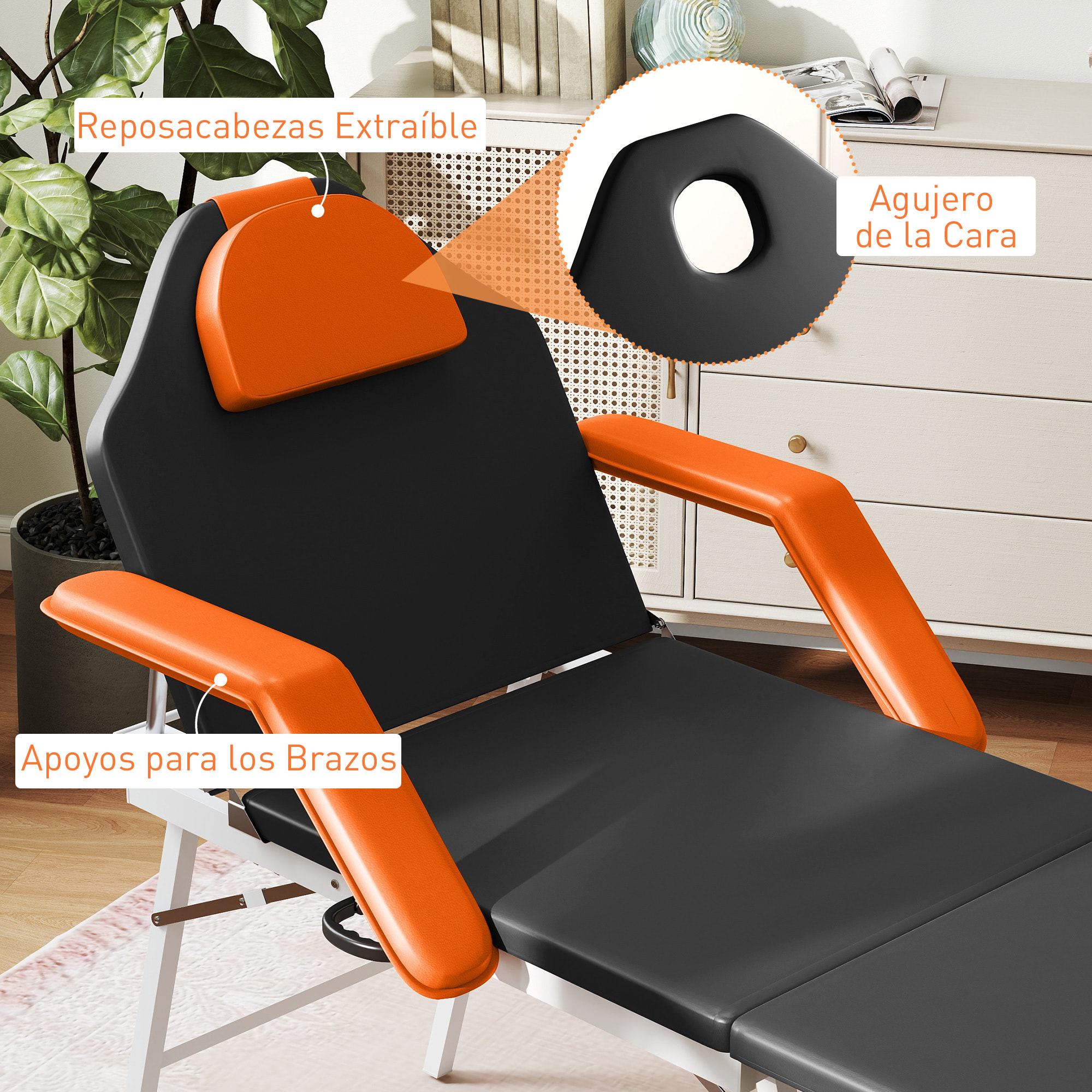 Camilla Masaje Plegable Portátil Camilla Estética Profesional de 3 Zonas con Respaldo Soporte para Piernas Ajustables Reposacabezas Extraíble Reposabrazos Acolchados para Spa 182x82 cm Naranja