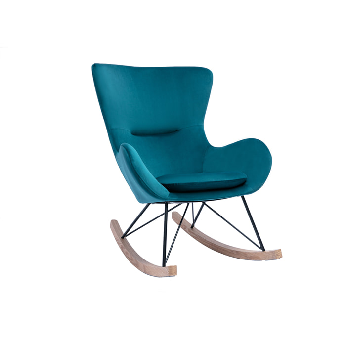 Rocking chair design en tissu velours bleu canard, métal noir et bois clair ESKUA