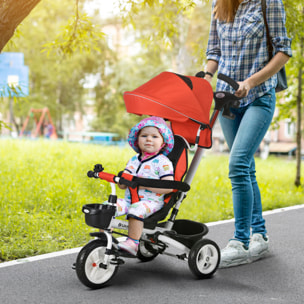 Triciclo para Bebés Plegable Triciclo Evolutivo 2 en 1 para Niños de 12-60 Meses con Toldo Plegable Mango de Empuje Telescópico Reposapiés Cinturón de Seguridad y Cestas Rojo