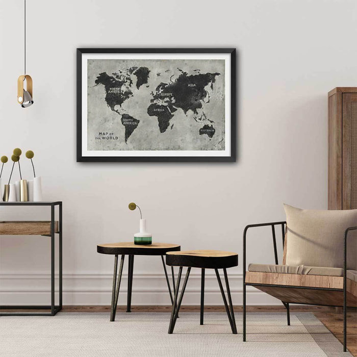 Affiche Carte du monde punky Affiche + cadre en bois - Noir