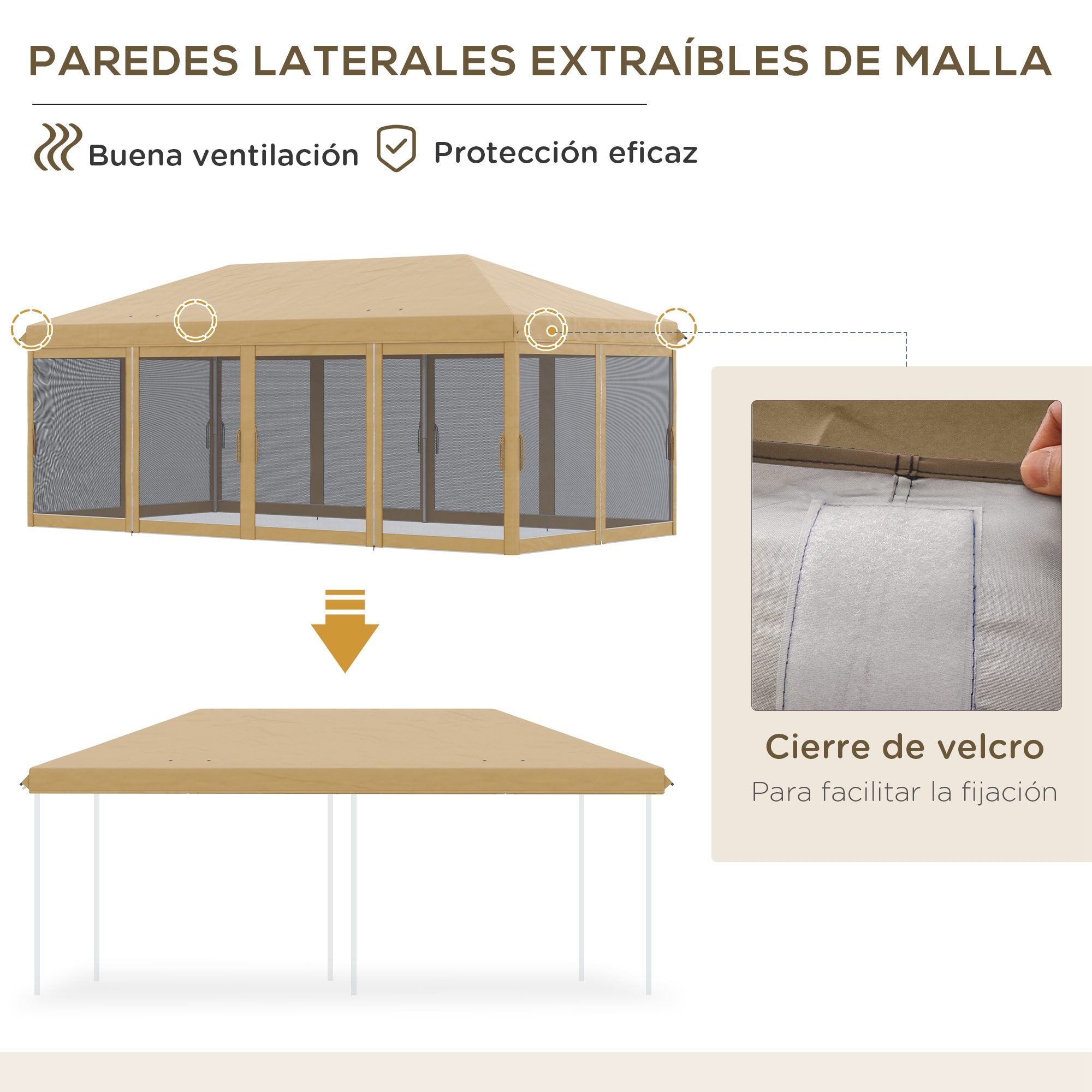 Outsunny Carpa Plegable 6x3 m Cenador de Jardín Gazebo con 6 Mosquiteras Bolsa de Transporte y Marco de Acero para Camping Fiestas Beige