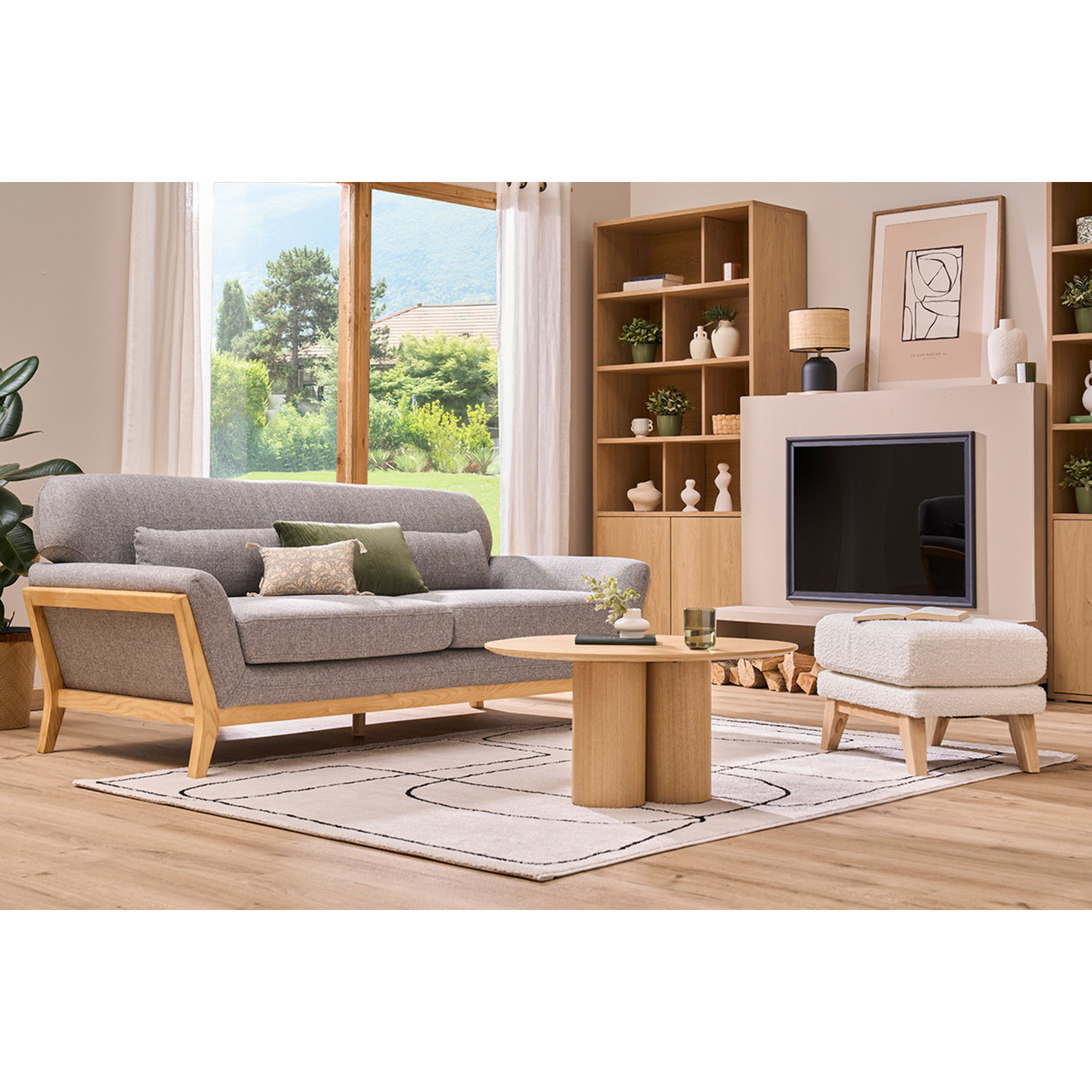 Canapé scandinave 3 places en tissu gris et bois clair YOKO