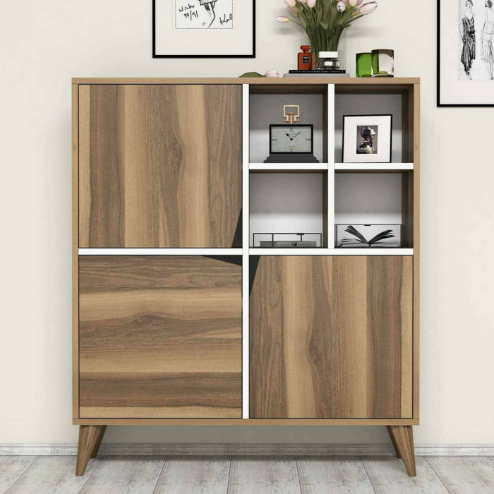 Credenza Dpolitan, Buffet da soggiorno, Madia da salotto, Dispensa da cucina, 100x30h115 cm, Noce e Bianco