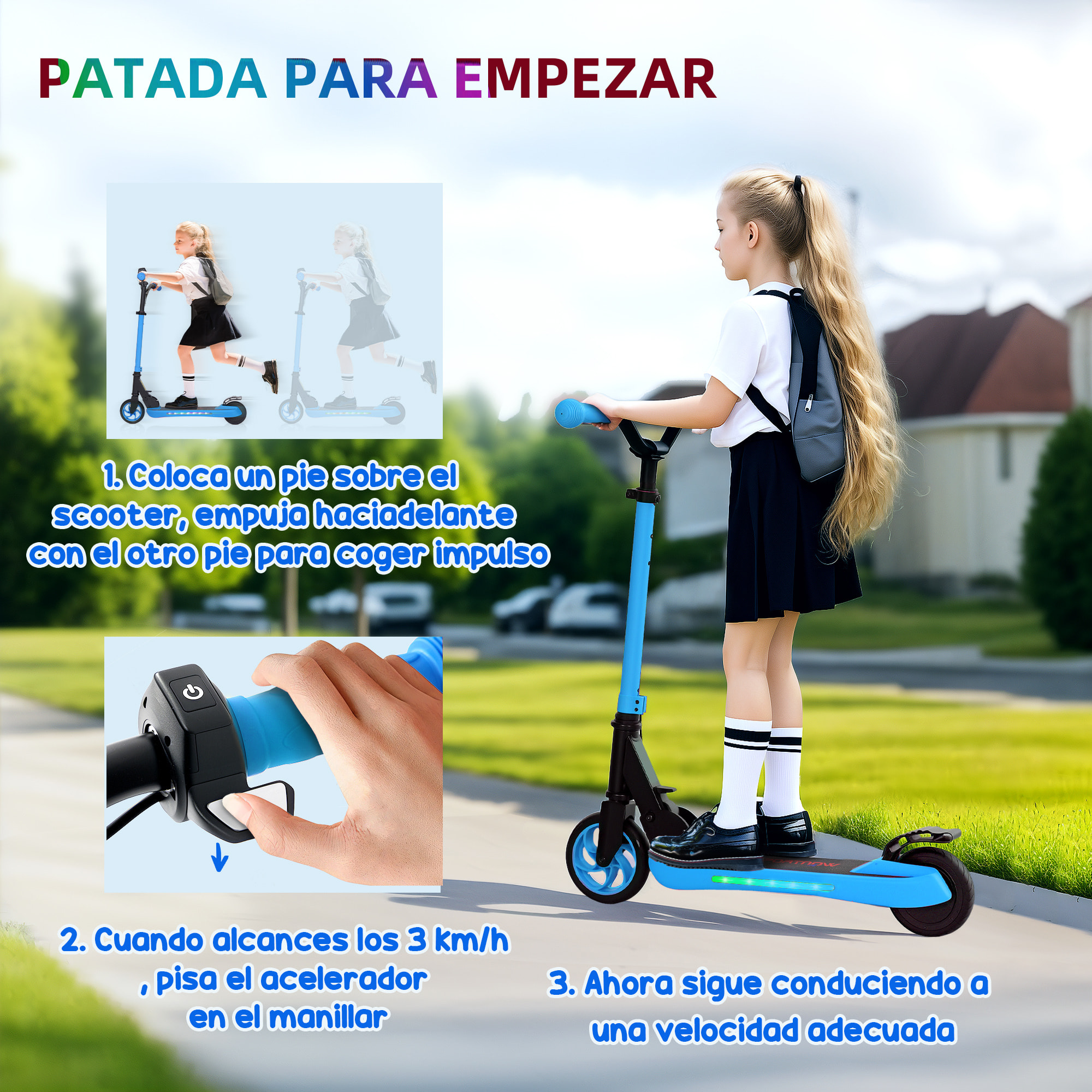 Patinete Eléctrico Plegable MAX 10 KM/H Patín Eléctrico de +6 Años Motor 120 W Autonomía 6 KM Ruedas de 5" - 5,5" Freno Posterior Altura Ajustable Luces LED y Marco de Aluminio Azul