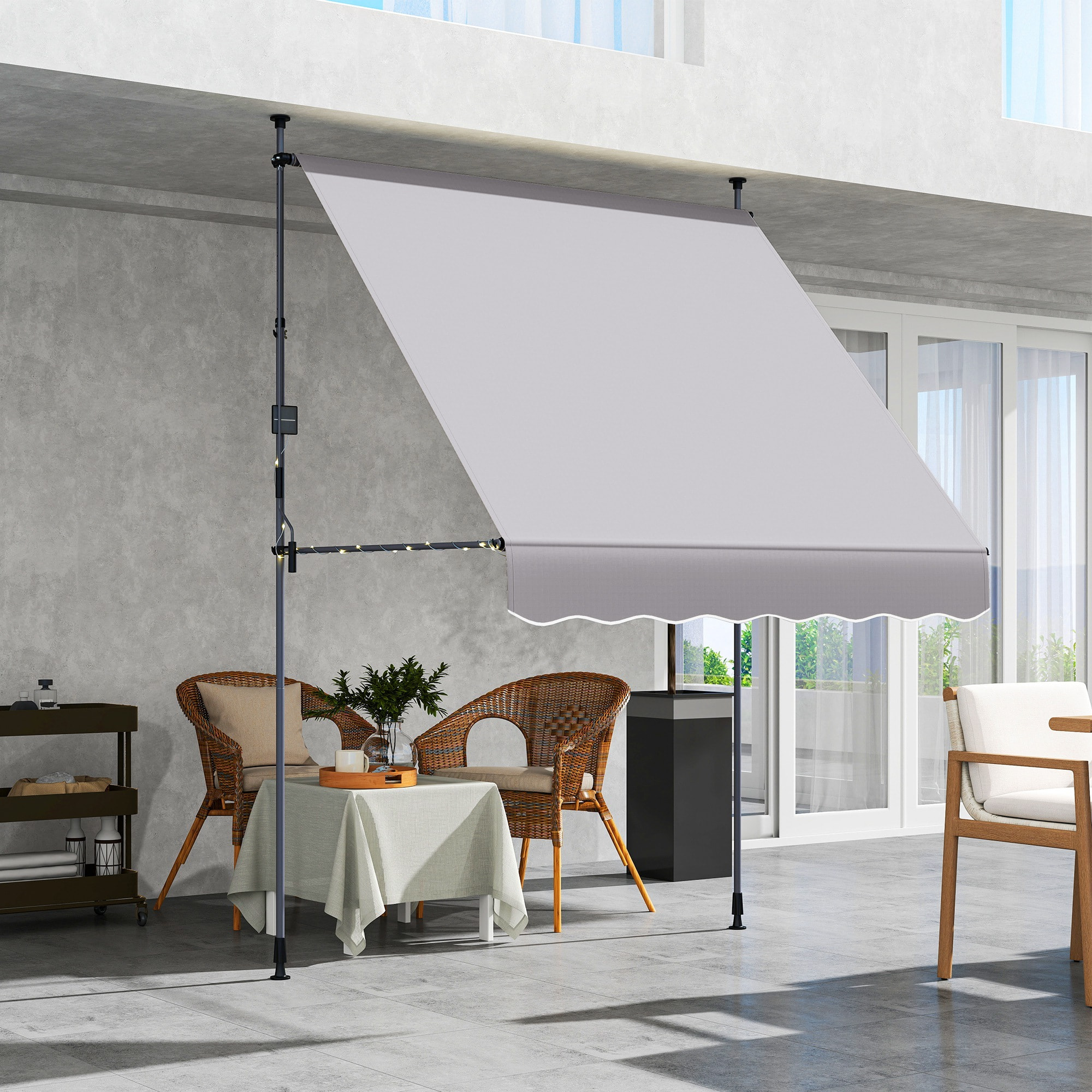 Toldo Manual Retráctil 2x1,2 m Toldo Exterior Terraza Enrollable Altura Ajustable con Manivela 210-310 cm Protección UV30+ Sin Taladro para Jardín Balcón Patio Gris